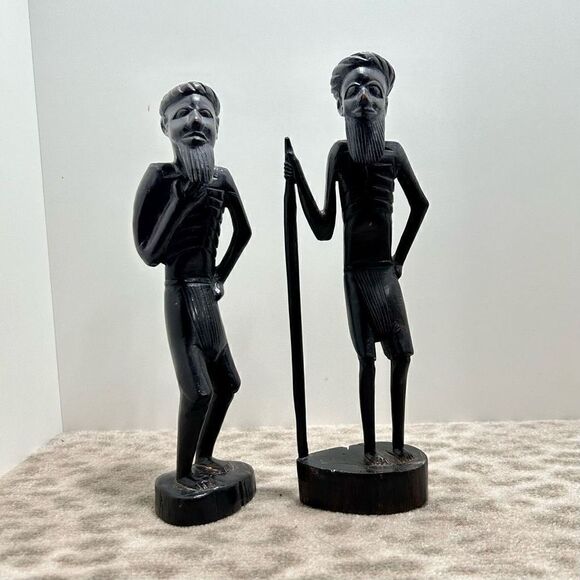 Vintage Pair of Hand Carved Tanganyika East African Tribesmen Statues Ebony 10”H - Picture 8 of 12
